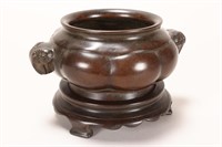 Chinese Twin Handled Bronze Censer and Stand,