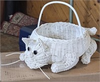 Mid-Century White Rattan Wicker Cat Hand Basket
