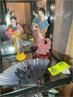 2 ORIENTAL DOLLS AND FAN