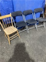 Three folding chairs, one wooden chair