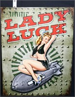 Metal Lady Luck pinup sign