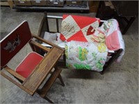 3 Vintage Youth Quilts, High Chair & Crib