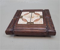 Hand-Carved Wood & Tile Hot Plate vtg