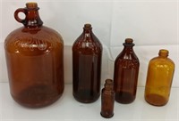5 Vintage amber bottles