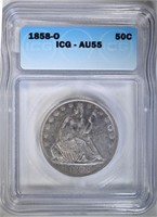 1858-O SEATED LIBERTY HALF ICG AU-55