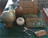World globe, miscellaneous glass jugs, vintage