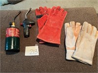 Propane torch, welding gloves