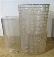 (4) Lucite waste baskets and (4) Lucite shelf