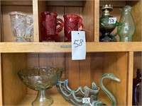 4 - Shelves Clear & Red Mugs, Green Lamp,