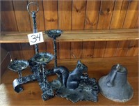 Candle Holder, Cast Iron Squirrel Nutcrckr & Bell