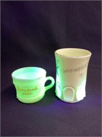 (2) Souvenir Custard Glass Cups, Both Glowing,