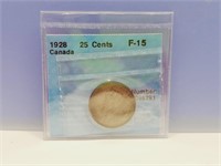 GRADED 1928 25 cent Certified CCCS F-15 Canadian S