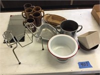 SCALLOPED MIRROR, POTS, BASKETS, RACK, CUPS