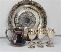 14" Round Serving Tray Pitcher & 6 Goblets