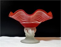 Unusual Orange Satin Glass Bowl keyhole pedestal