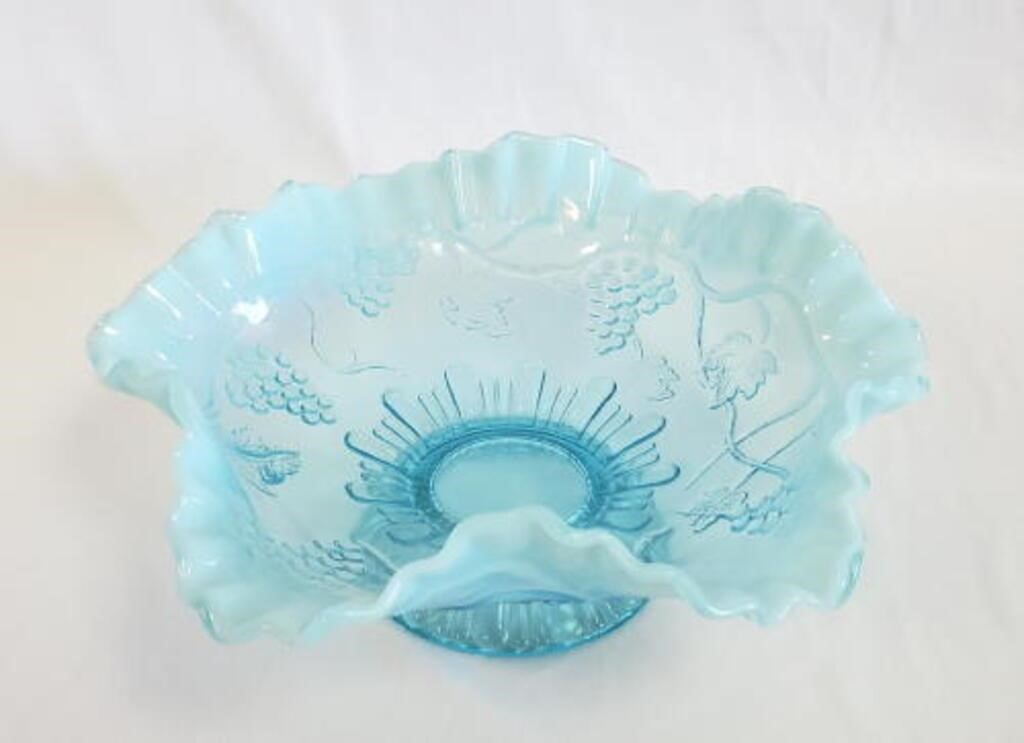 Turquoise Blue Opalescent Glass Ruffled Bowl