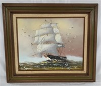 Framed Ship Oil on Canvas Signed Rogers