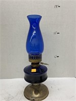 Blue Glass oil lamp. 15in H