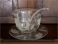 Etched Floral Glass Punch Bowl and Plate