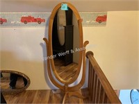 Oval contemporary oak mirror on stand