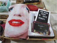 BOX FULL OF MISC FRAMES AND MARILYN MONROE BLANKET