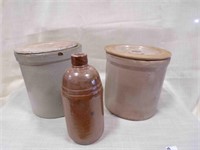 Vintage Crocks 2 with lids, pottery vase