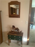 Pine table, rocking horse, & wall mirror