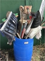 Plastic Barrel c/w Brooms, Snow Shovels &
