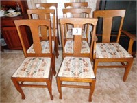 7 T back oak dining chairs (1 with arms)