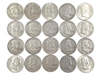 20 Franklin Silver Half Dollars, US Coins 1950-63