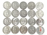 20 Franklin Silver Half Dollars, US Coins 1950-63