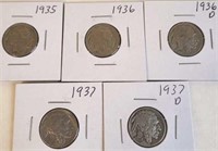 1935, 1936, 1936 D, 1937, 1937 D Buffalo Nickels