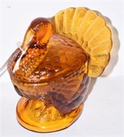 Amber figural Turkey on nest candy dish 8”