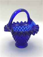 Cobalt Blue Hobnail Glass Basket with Ruffled