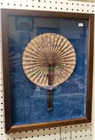 Framed antique fan - shadowbox with blue velvet,