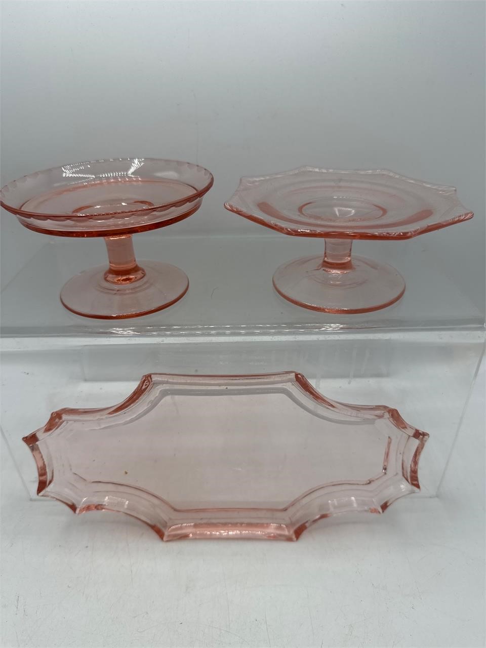 Pink depression glass dresser tray and compotes