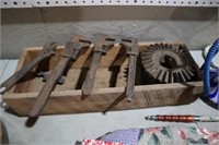 ANTIQUE WRENCHES, WOOD BOX & OLD GEAR