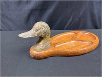 Vintage Brass Duck Head on Wood Base Valet Tray