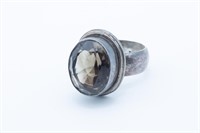 Sterling silver & smokey quartz crystal ring 8.75