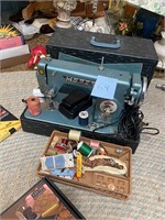 VTG blue morse sewing machine and sewing supplies