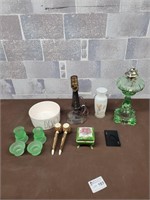 Green glass, oil lamp, s&p shaker, and more