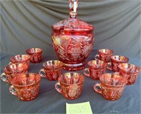 R - FLASHED CRANBERRY GLASS PUNCH BOWL W/ CUPS