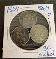 Three 1869 3-cent nickels