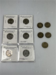 (5) War Nickels (6) BU Jefferson Nickels