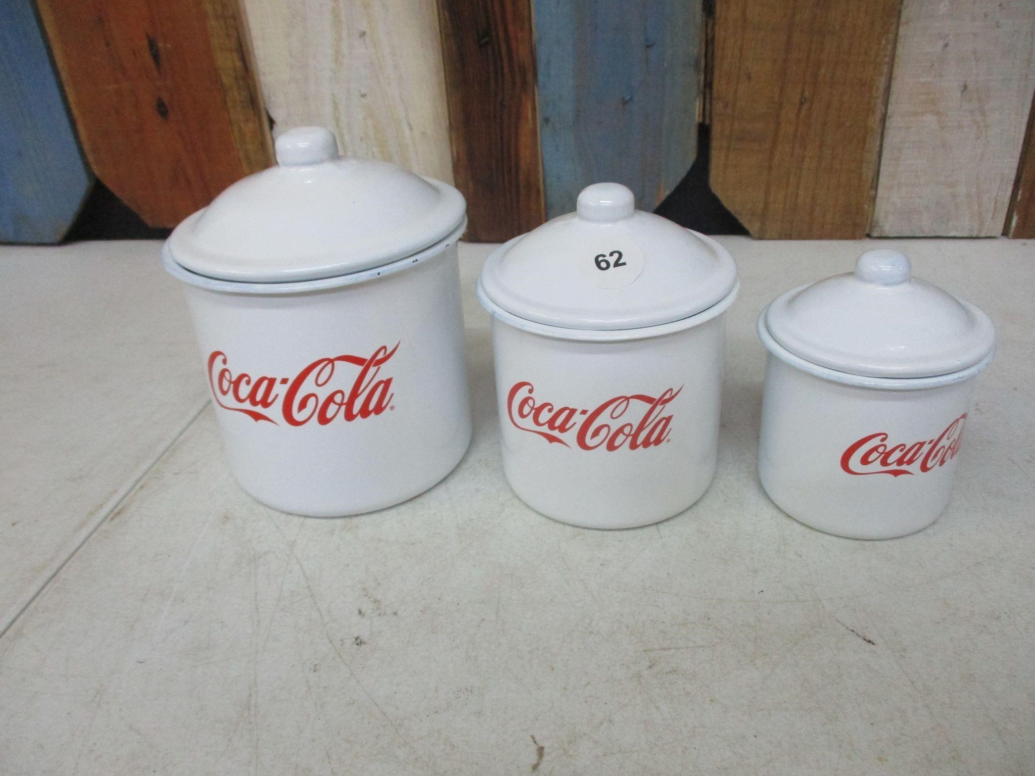 3 Enamel Coca Cola Canister Set