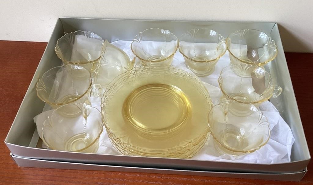 Yellow Depression cups and dessert plates