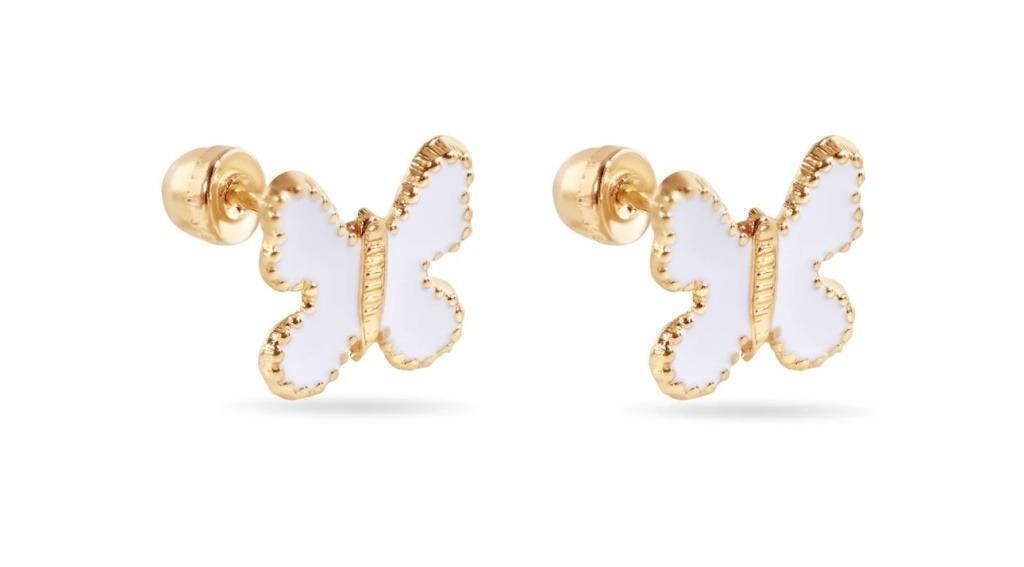 14 Karat- White Butterfly Enamel Stud Earrings