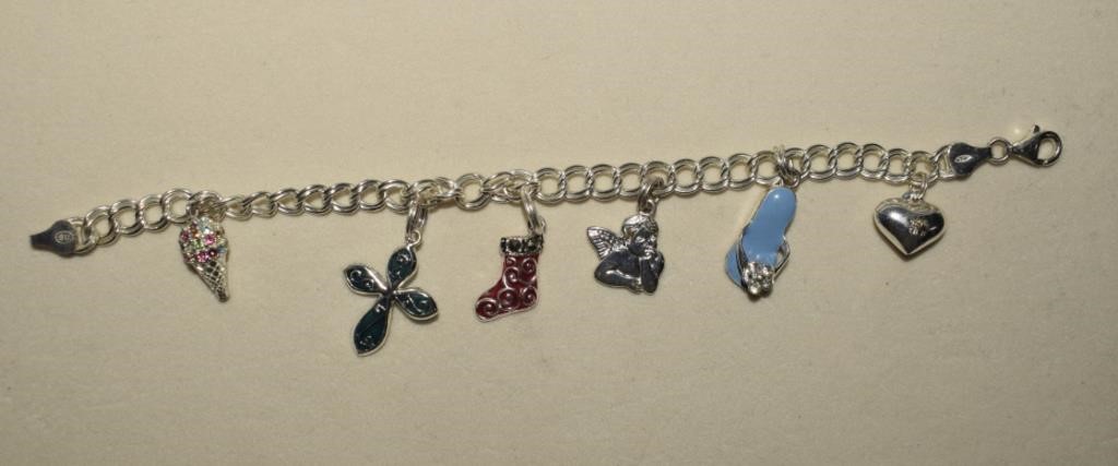 Sterling Italy Charm Bracelet & Six Charms