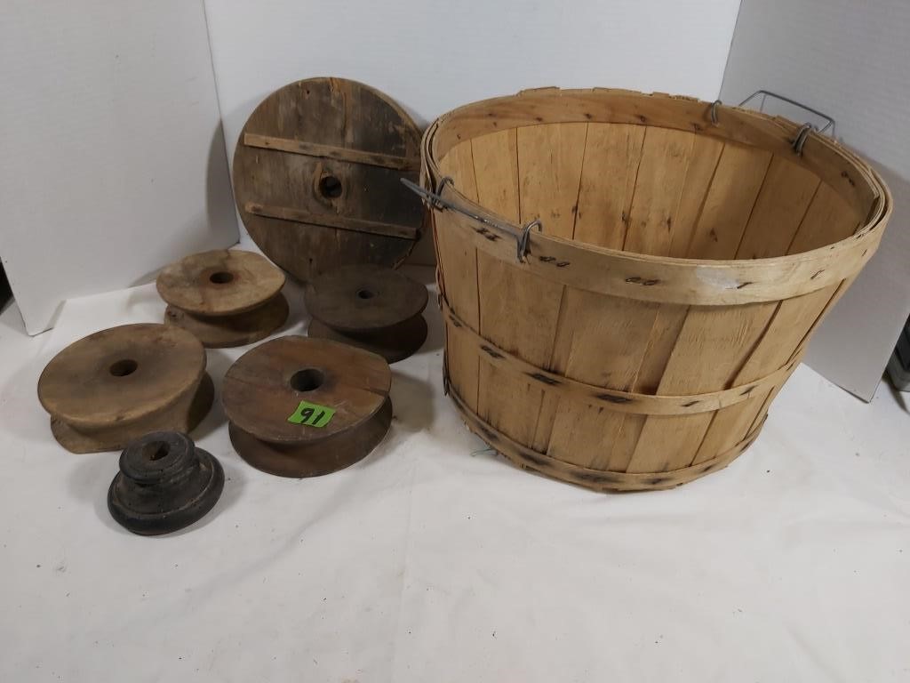 Basket of wooden pulleys