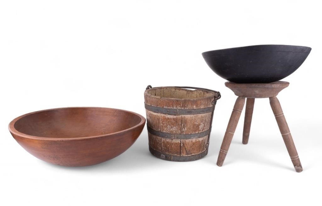 Wooden Bowls, Bucket, & Stool